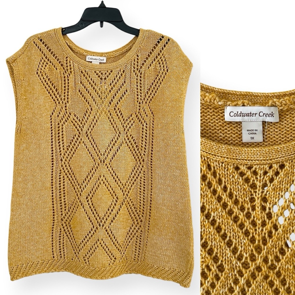 Coldwater Creek Women 1X Mustard Yellow Sleeveless Cotton Pointelle Sweater NWOT